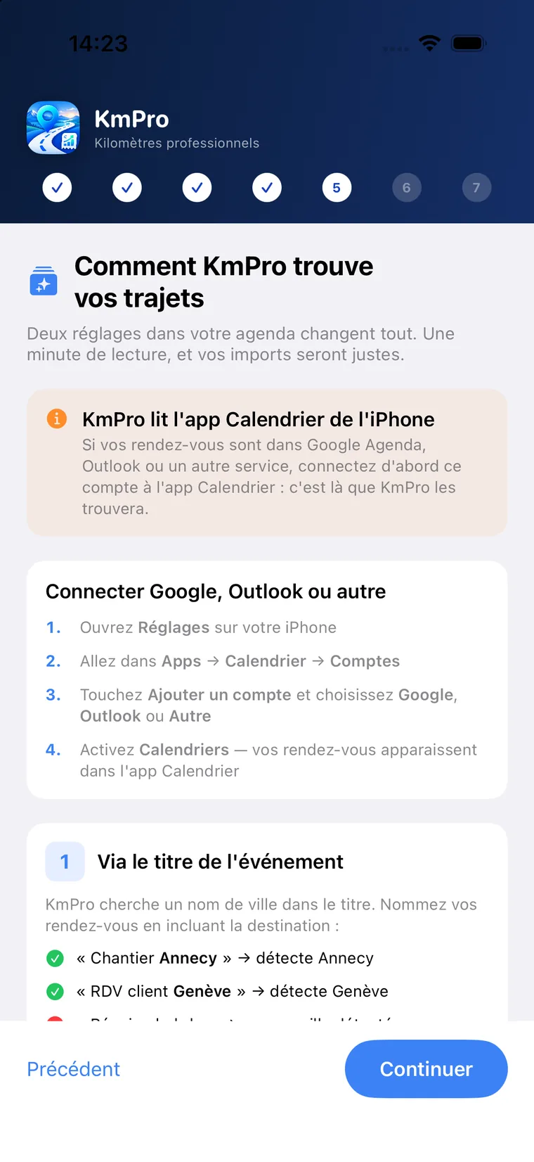 Écran de KmPro expliquant comment l’app retrouve vos trajets à partir du titre de vos rendez-vous
