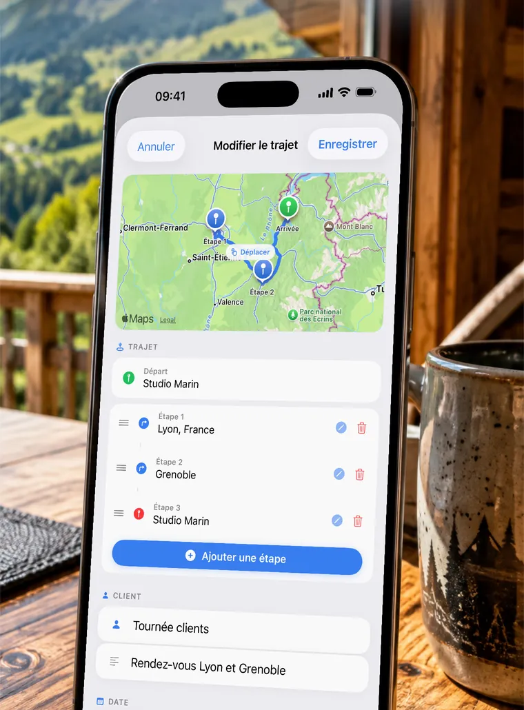 iPhone affichant un trajet à étapes dans KmPro : deux clients puis retour au bureau, sur une carte (données de démonstration)