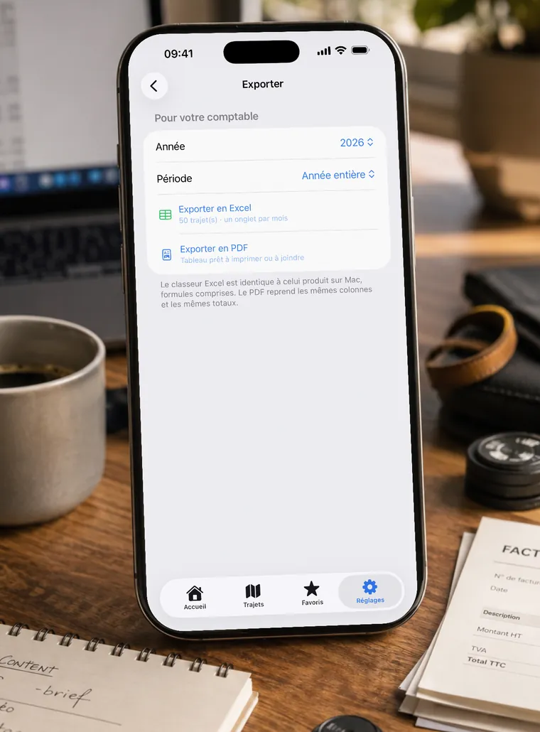 iPhone affichant l’écran Exporter de KmPro : Excel ou PDF, par mois ou par année (données de démonstration)