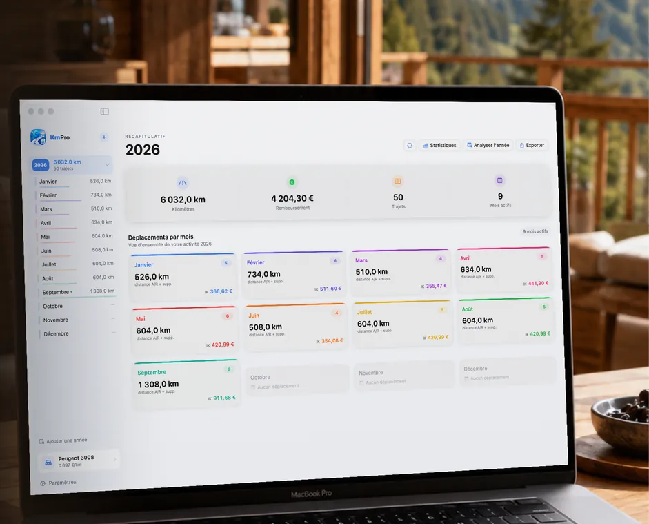 MacBook affichant la vue annuelle de KmPro avec les kilomètres et montants mois par mois (données de démonstration)