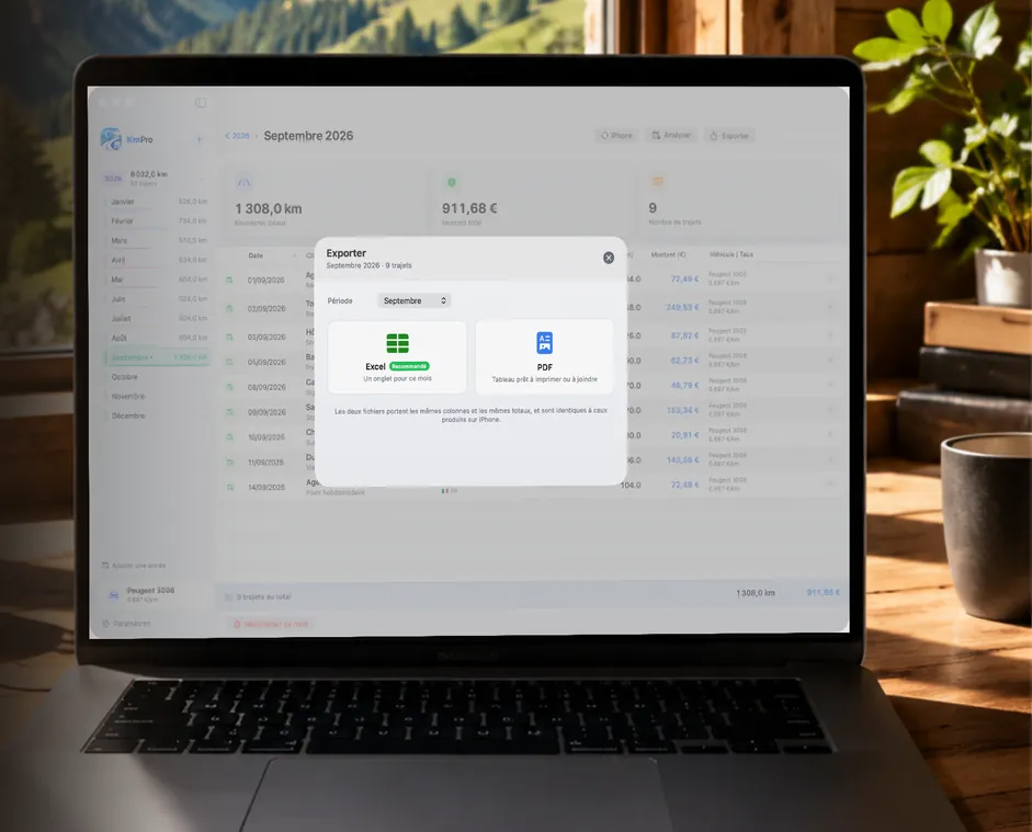 MacBook affichant la fenêtre d’export Excel et PDF de KmPro (données de démonstration)