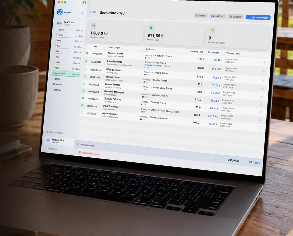 MacBook affichant le détail des trajets d’un mois dans KmPro (données de démonstration)