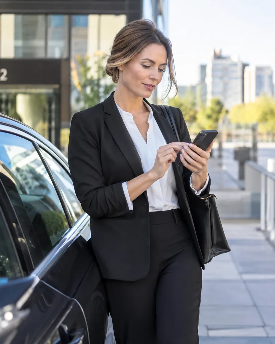 Une commerciale note son déplacement sur son iPhone, devant sa voiture